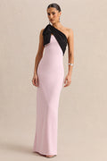Adara | Robe longue rose et noire à encolure asymétrique avec détail nœud