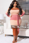 Final Sale Plus Size Knit Rib Color Block Midi Dress In Brown Peach and Pink