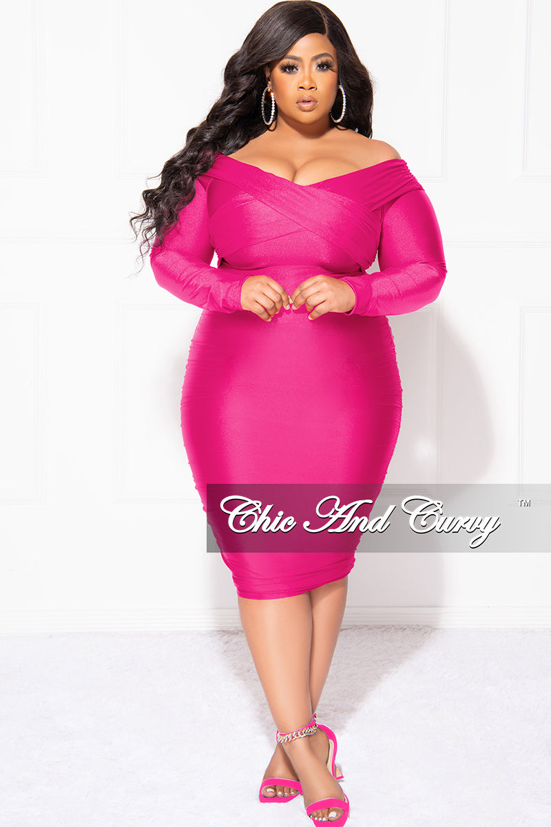 Final Sale Plus Size Off the Shoulder Criss-Cross BodyCon with Ruched Sides in Hot Pink