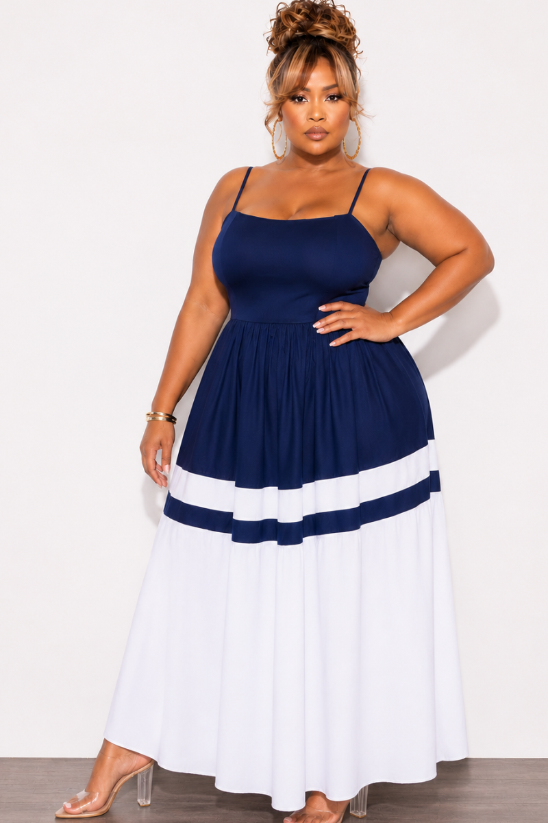 Final Sale Plus Size Poplin Color Block Maxi Dress Navy and White