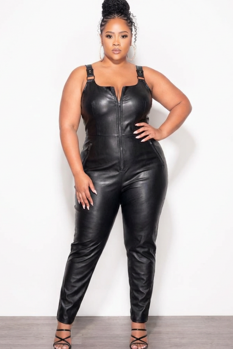 Final Sale Plus Size Vegan Leather Tank Jumpsuit in Black