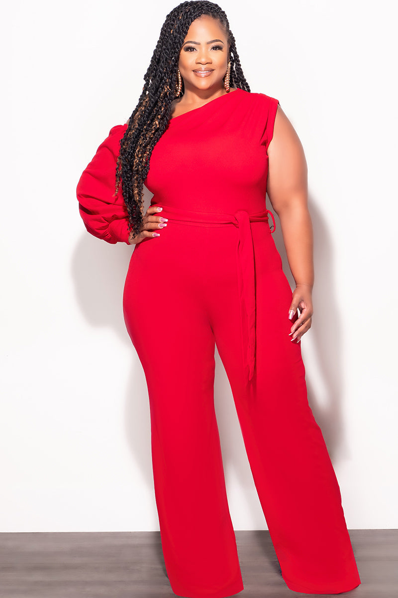 Final Sale Plus Size Balloon Sleeve Jumpsuit with Tie in Red