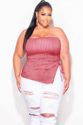 Final Sale Plus Size Gingham Tube Top with Drawstring Ruched Side in Red & White
