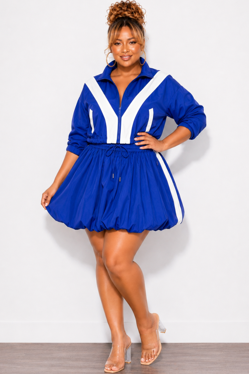 Final Sale Plus Size (Windbreaker Fabric) 2pc Skirt Set in Blue with White Stripes