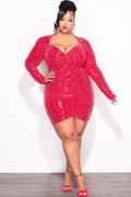Final Sale Plus Size Long Sleeve Bodycon Confetti Dot Knit Sequin Dress in Red