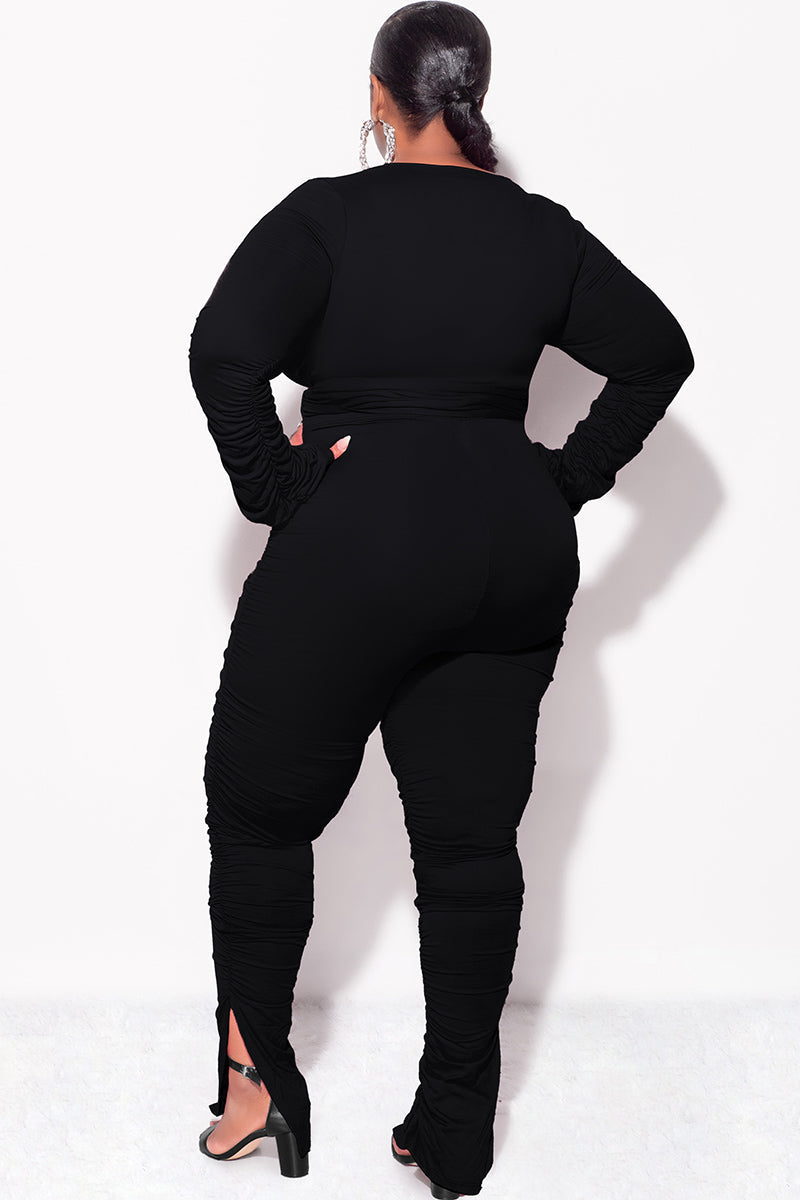 Final Sale Plus Size Ruched 2pc Faux Wrap Tie Top and Pants in Black