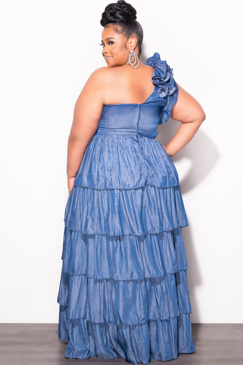 Final Sale Plus Size One Shoulder Bow Multi Layered Ruffle Dress in Chambray Blue