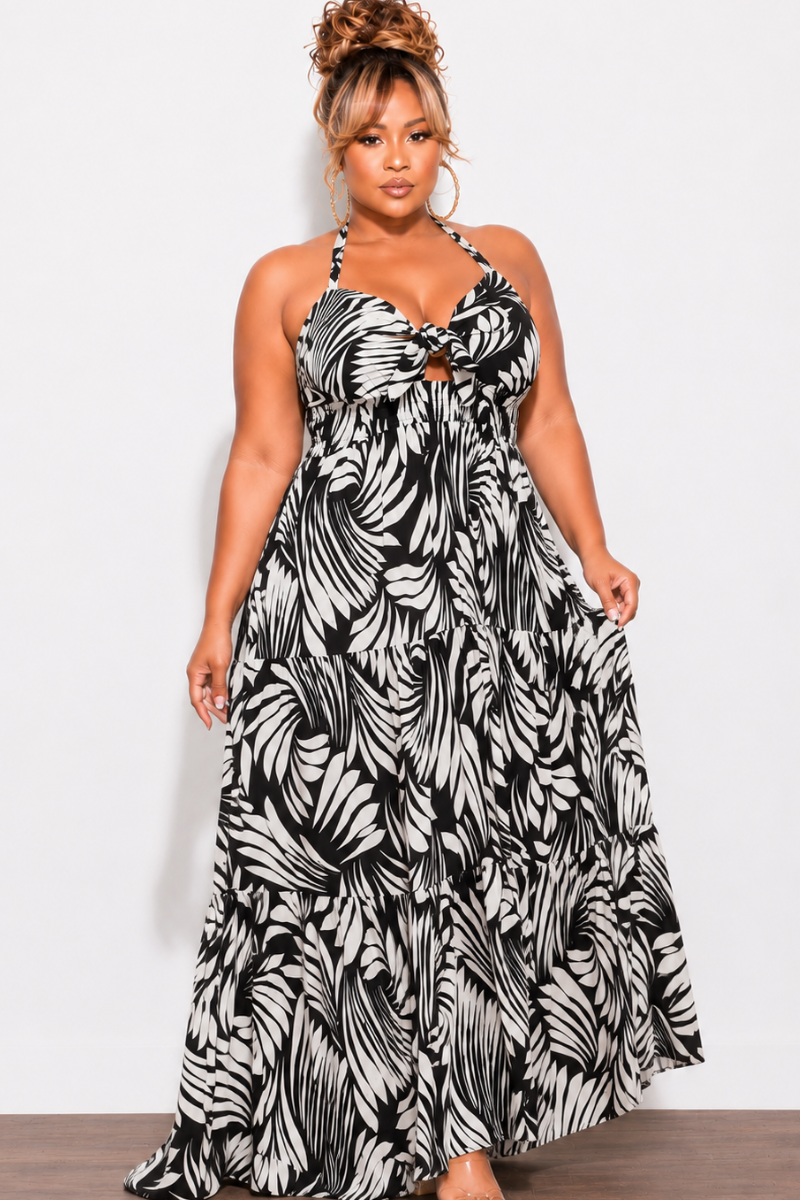 Final Sale Plus Size Halter Tiered Dress in Black & Off White Print