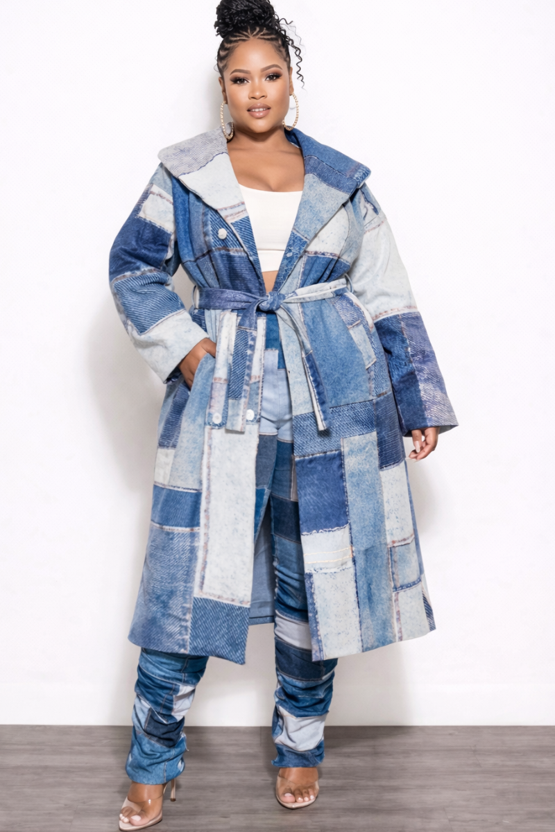 Final Sale Plus Size Faux Denim Printed Patchwork Print Coat