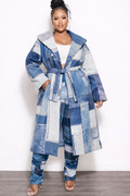 Final Sale Plus Size Faux Denim Printed Patchwork Print Coat
