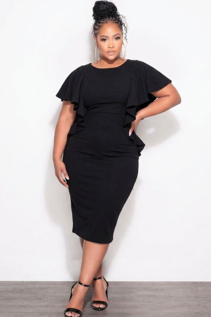 Final Sale Plus Size Flutter Sleeve BodyCon Dress in Black