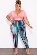 Final Sale Plus Size 2pc Long Sleeve Crop Tie Top and Mesh Pants in Neon Pink Multi Color