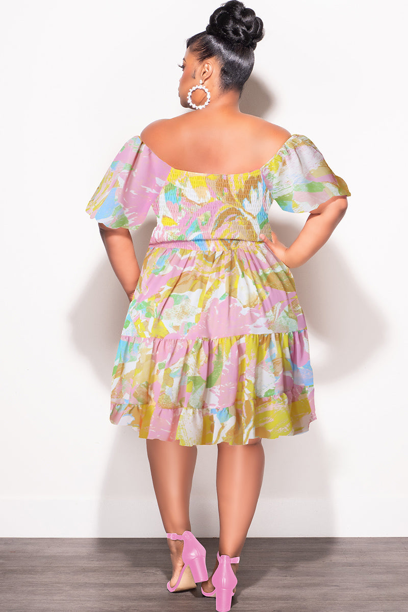 Final Sale Plus Size Smocked Chiffon Baby Doll Dress in Pink & Yellow Print