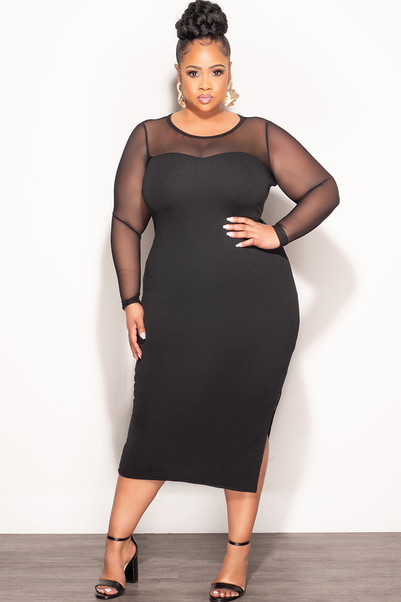 Final Sale Plus Size Midi Dress with Mesh in Black