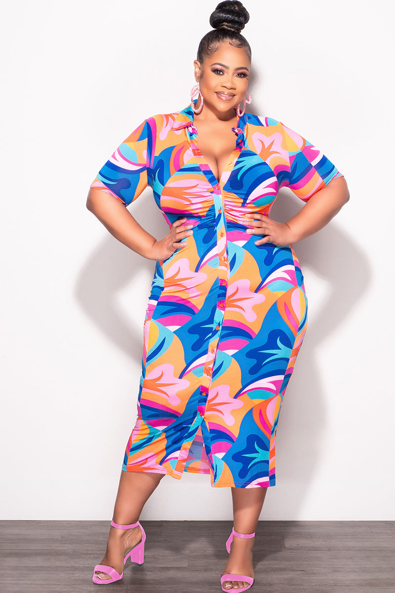 Final Sale Plus Size Collar Button Up BodyCon Dress In Multi Color "Mercy Me" Print