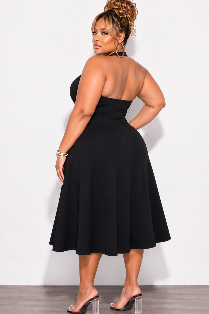 Final Sale Plus Size Halter Square Neck Ponte Dress in Black