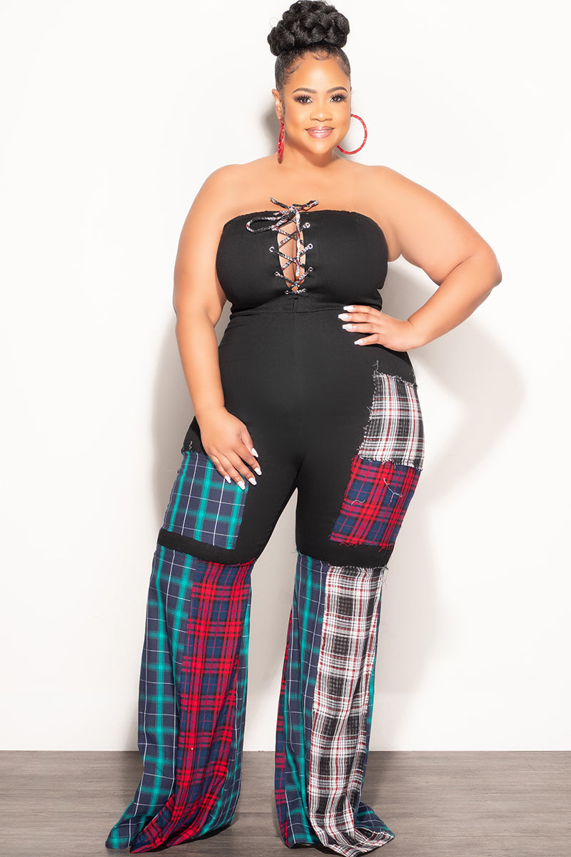 Final Sale Plus Size Strapless Lace Up Black & Multi-Color Plaid Patchwork Jumpsuit