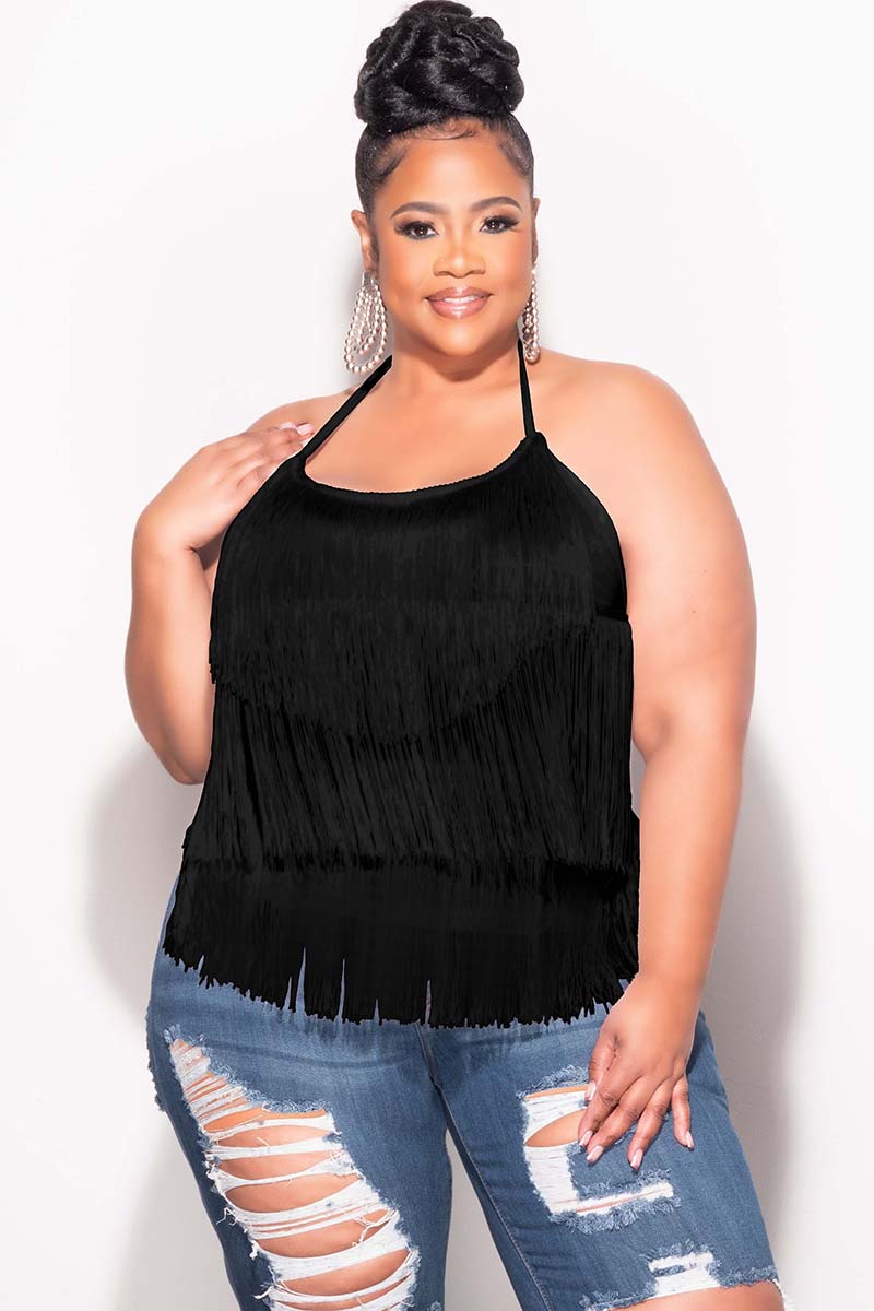 Final Sale Plus Size Halter Fringe Top in Black