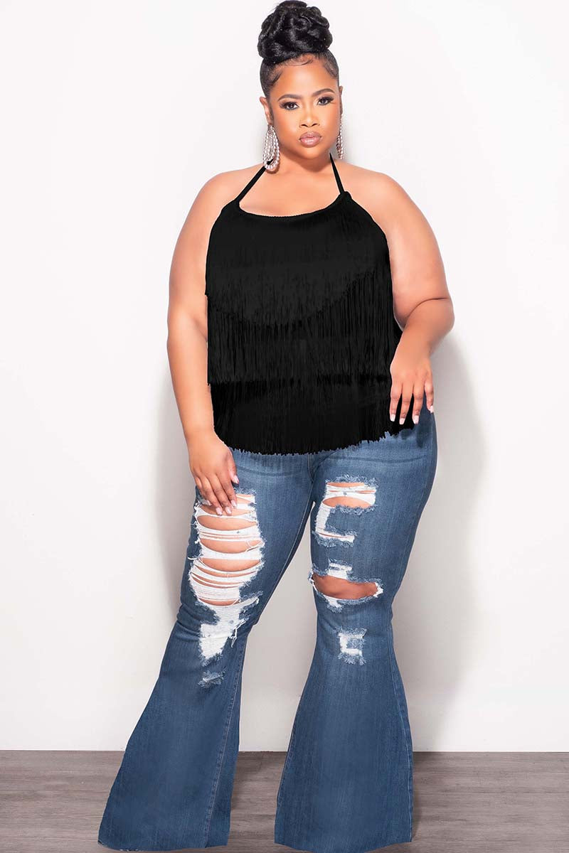 Final Sale Plus Size Halter Fringe Top in Black