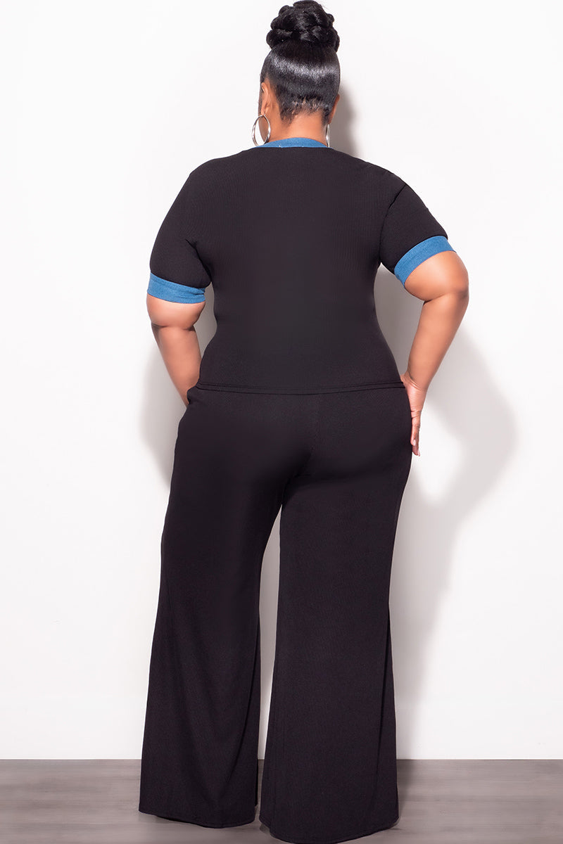 Final Sale Plus Size 2pc Set Short Sleeve Top and Pants in Black and Blue