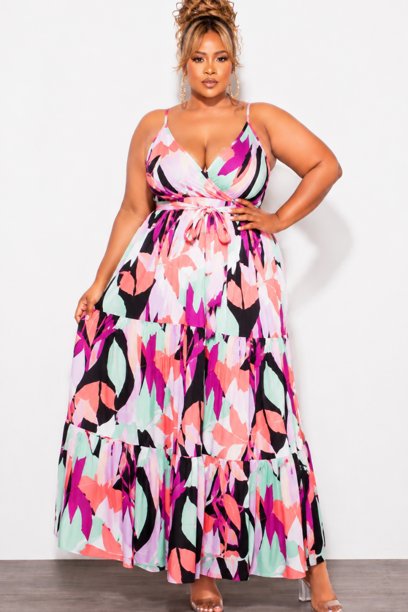 Final Sale Plus Size Spaghetti Strap Abstract Print Tiered Maxi Dress in Purple & Mint Multi-Color Print
