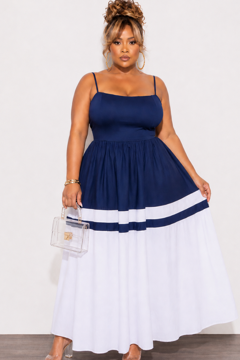 Final Sale Plus Size Poplin Color Block Maxi Dress Navy and White