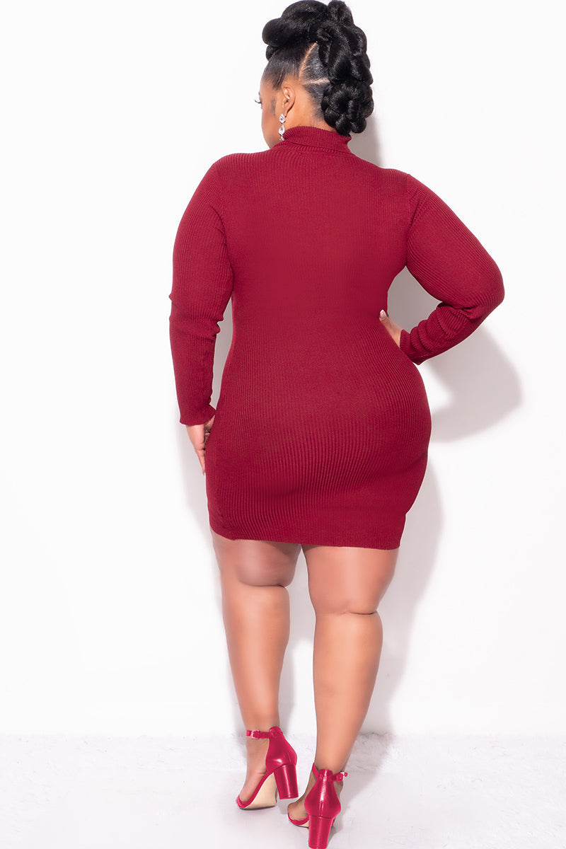 Final Sale Plus Size Ribbed Turtle Neck Dress in Burgundy