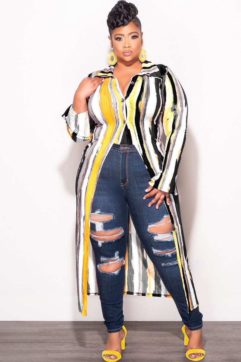 Final Sale Plus Size Ribbed Collar Button Up High-Low Top in Mustard Black and White