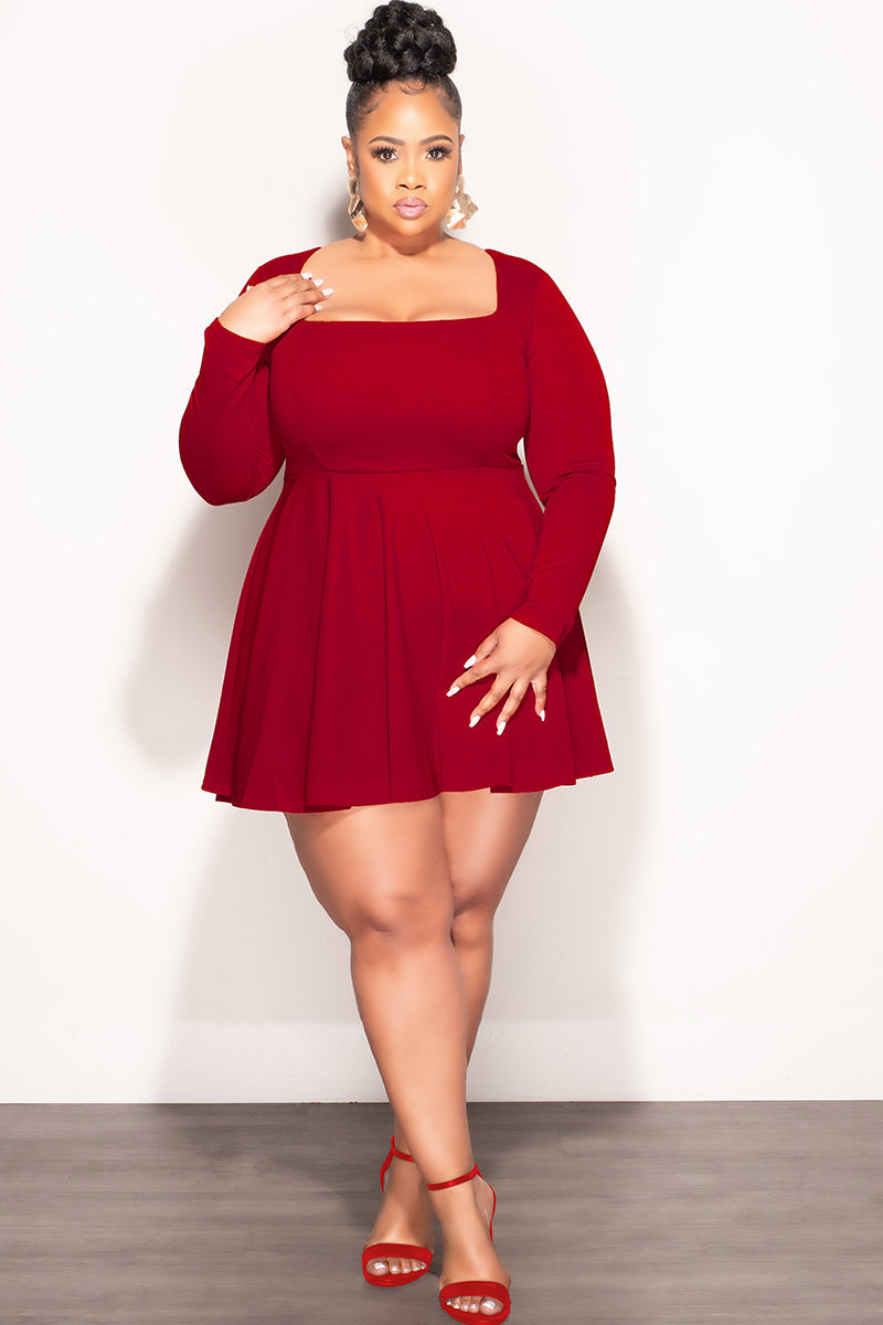 Final Sale Plus Size Babydoll Flare Mini Dress in Burgundy