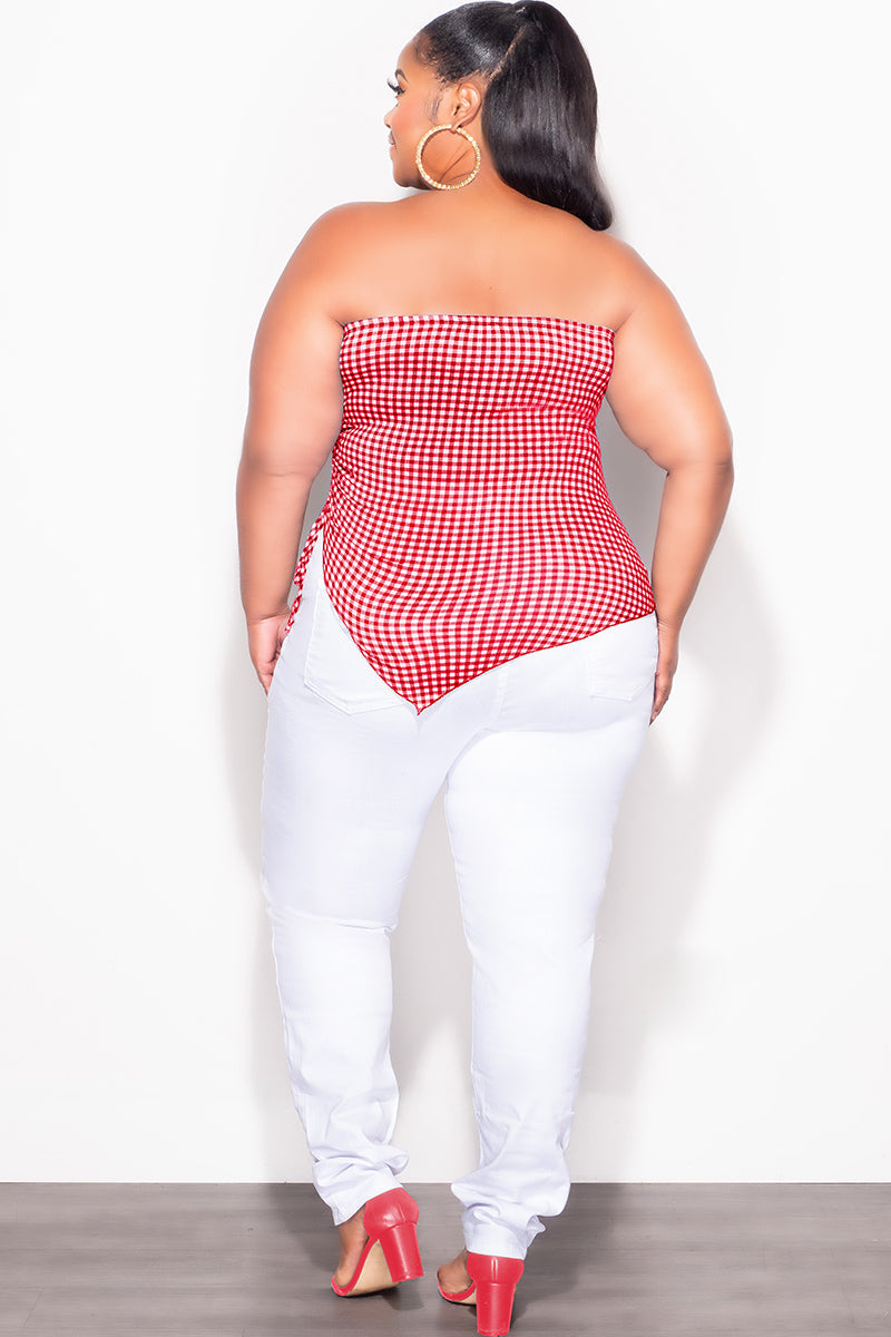 Final Sale Plus Size Gingham Tube Top with Drawstring Ruched Side in Red & White