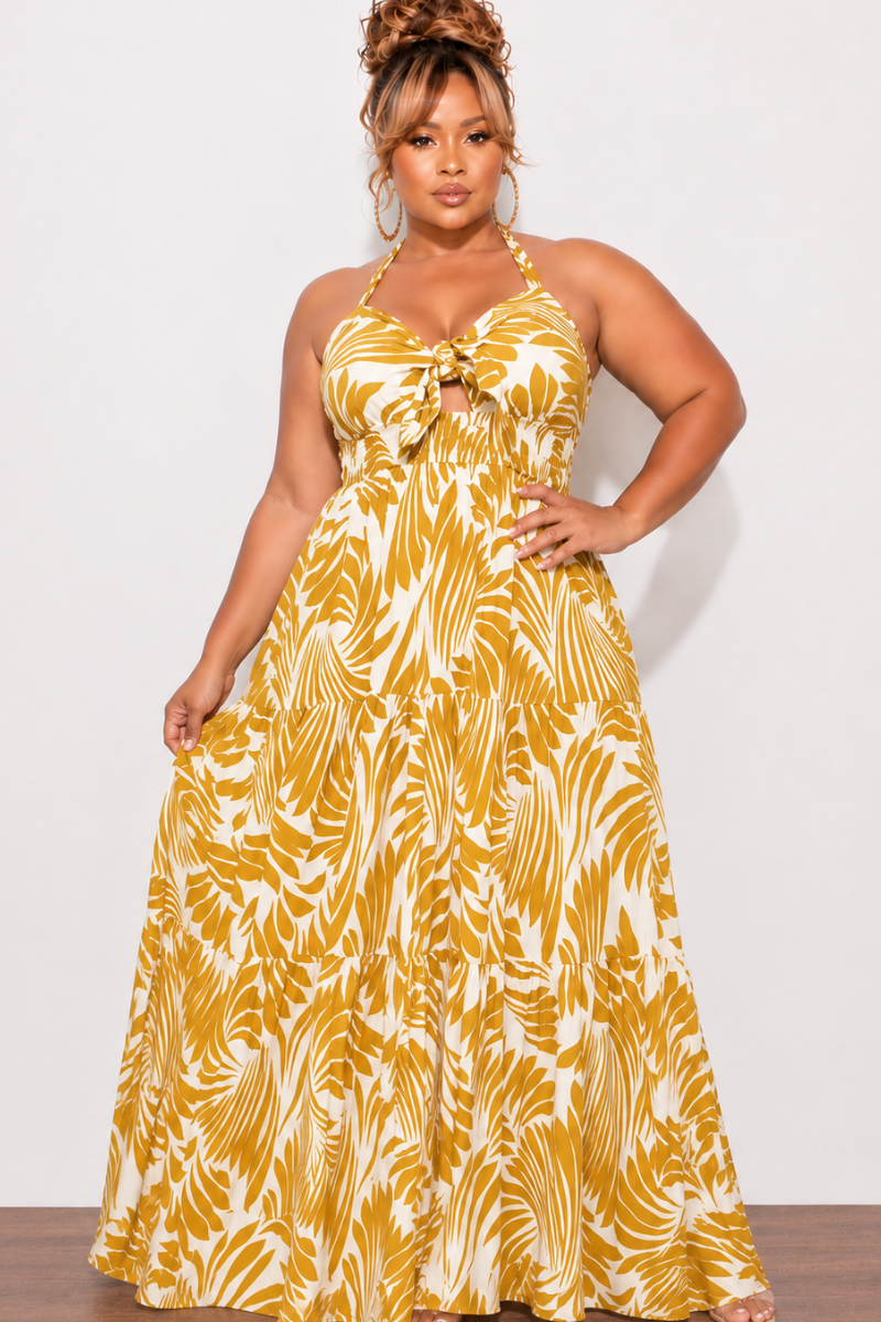Final Sale Plus Size Halter Tiered Dress in Mustard & Off White  Print