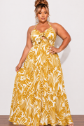 Final Sale Plus Size Halter Tiered Dress in Mustard & Off White  Print
