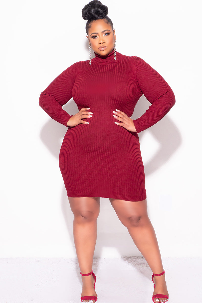 Final Sale Plus Size Ribbed Turtle Neck Dress in Burgundy