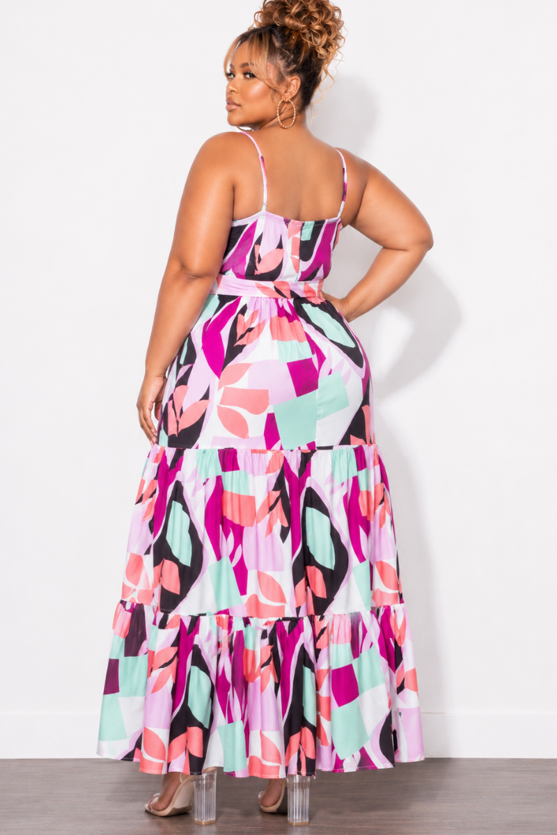 Final Sale Plus Size Spaghetti Strap Abstract Print Tiered Maxi Dress in Purple & Mint Multi-Color Print