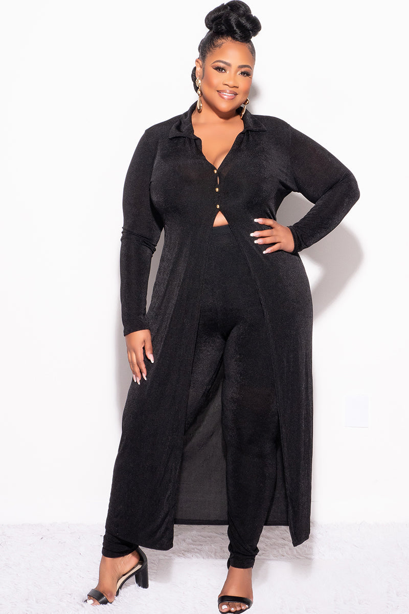 Final Sale Plus Size 2pc Set Duster Top with Front Gold Buttons and Matching Pants in Black Slinky Fabric