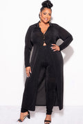 Final Sale Plus Size 2pc Set Duster Top with Front Gold Buttons and Matching Pants in Black Slinky Fabric