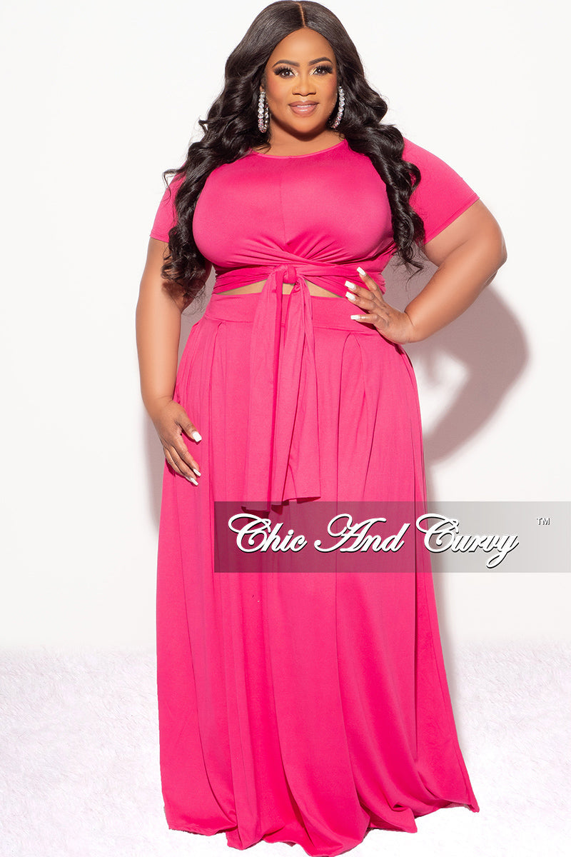 Final Sale Plus Size 2pc Short Sleeve Tie Top and Skirt Set in Fuchsia Pink