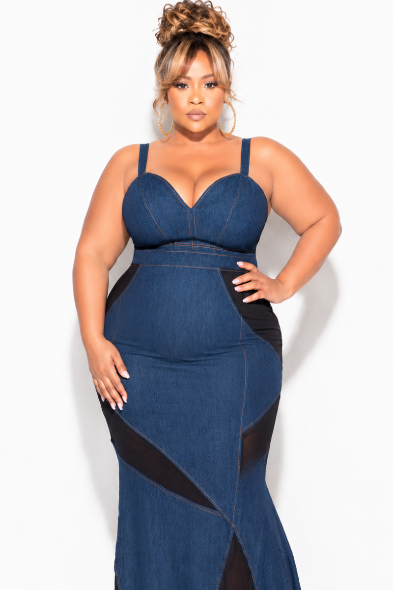 Final Sale Plus Size 2pc Spaghetti Strap Crop Top and Sheer Maxi Skirt Set in Denim and Black