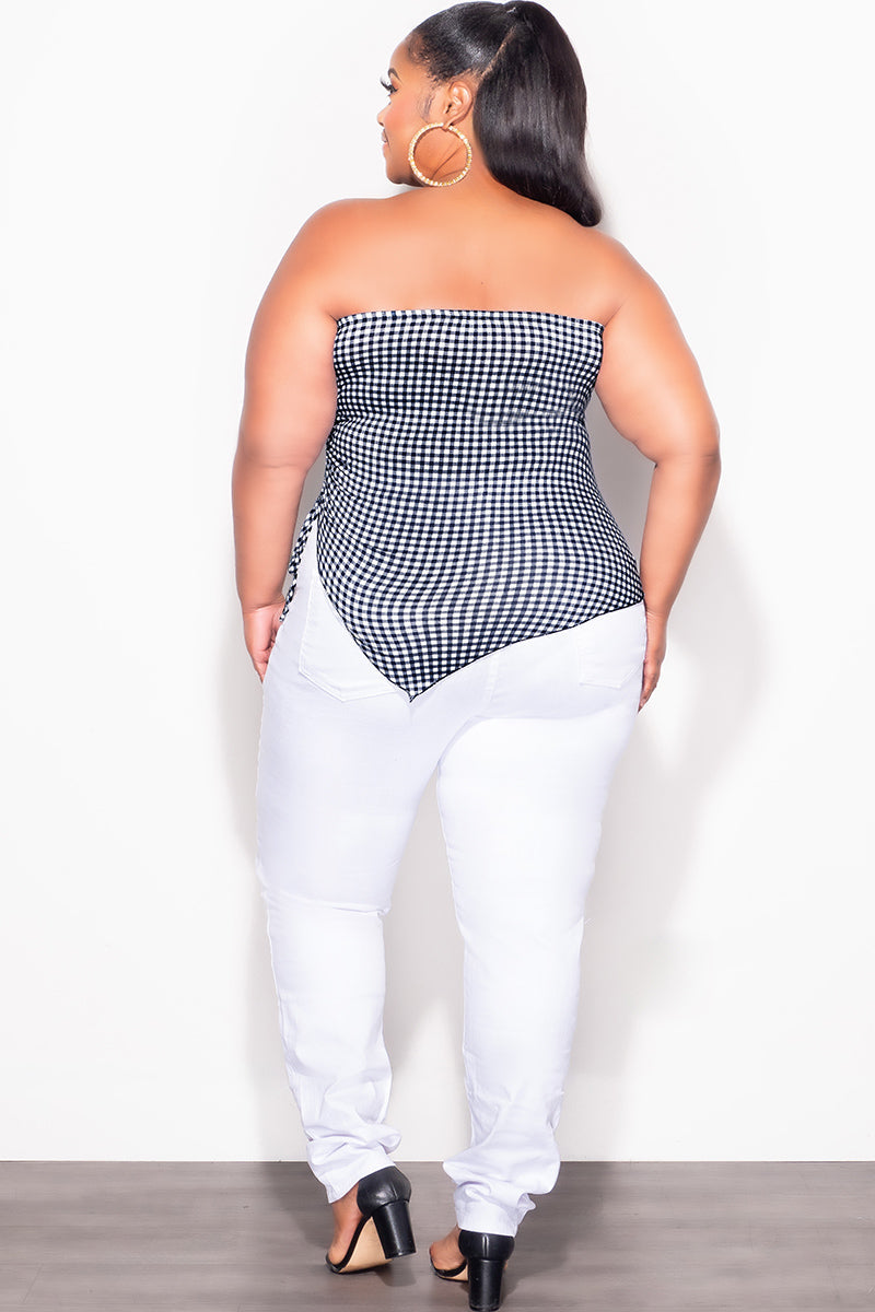 Final Sale Plus Size Gingham Tube Top with Drawstring Ruched Side in Black & White