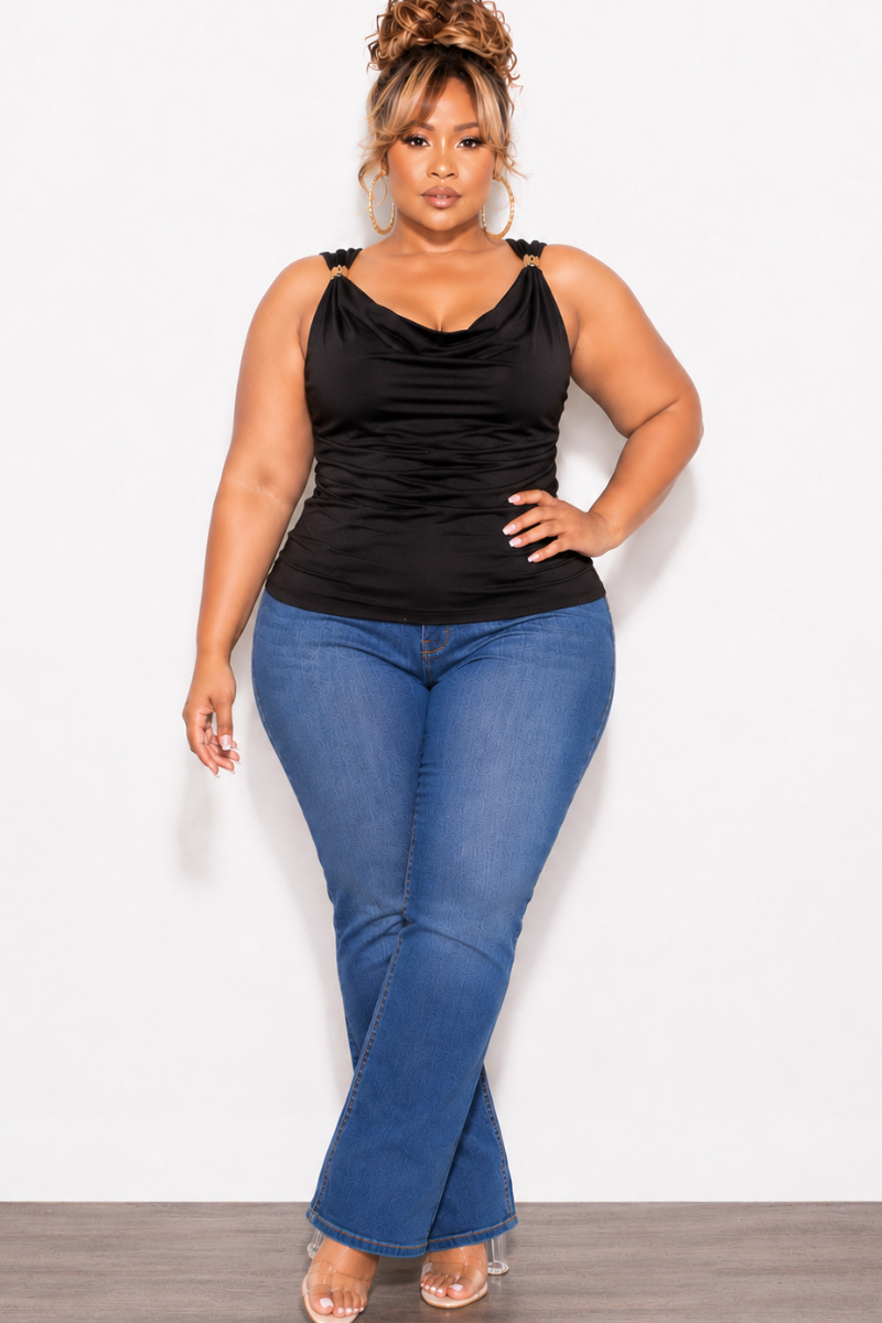 Final Sale Plus Size Sleeveless Drape Top in Black with Gold Accents