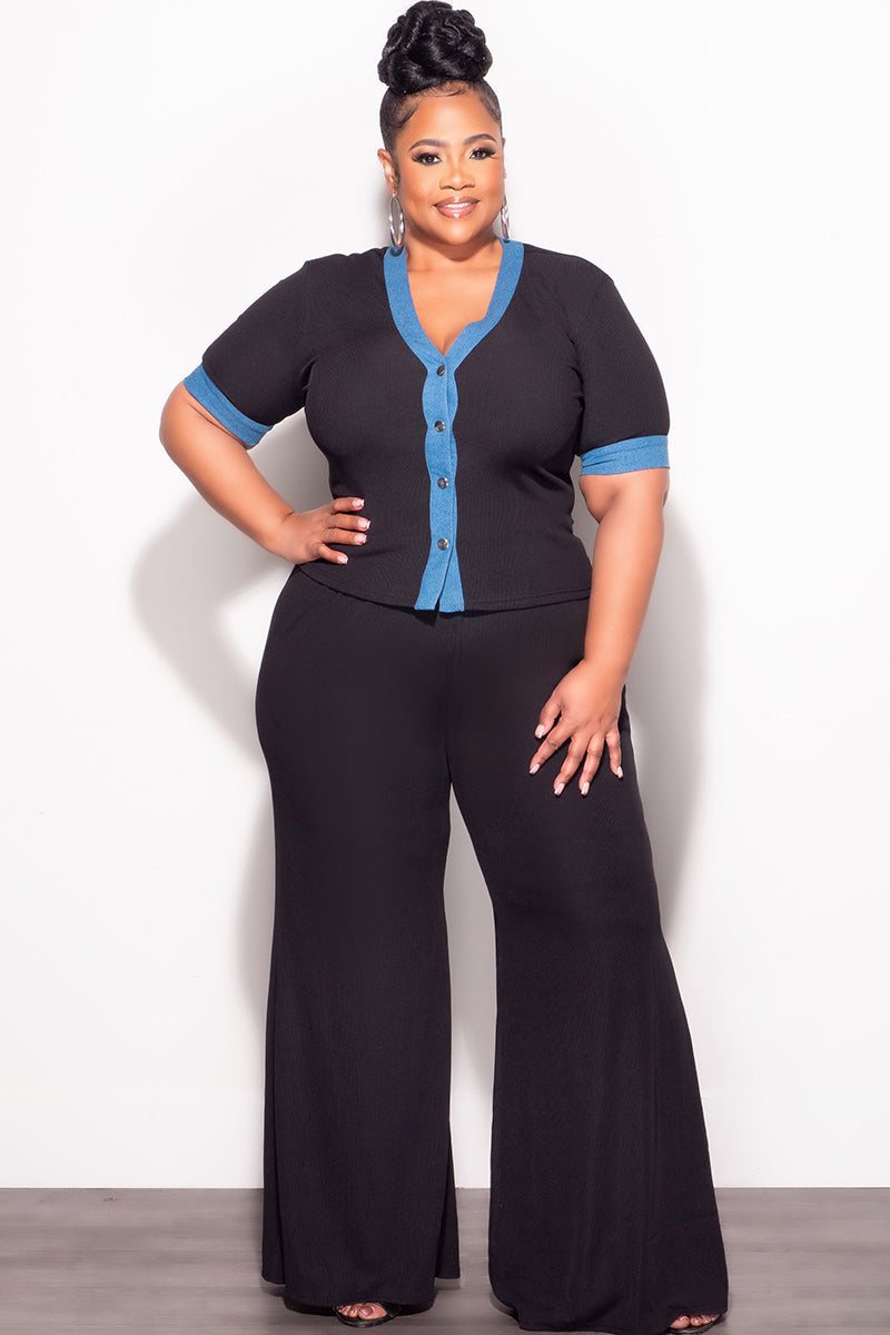 Final Sale Plus Size 2pc Set Short Sleeve Top and Pants in Black and Blue