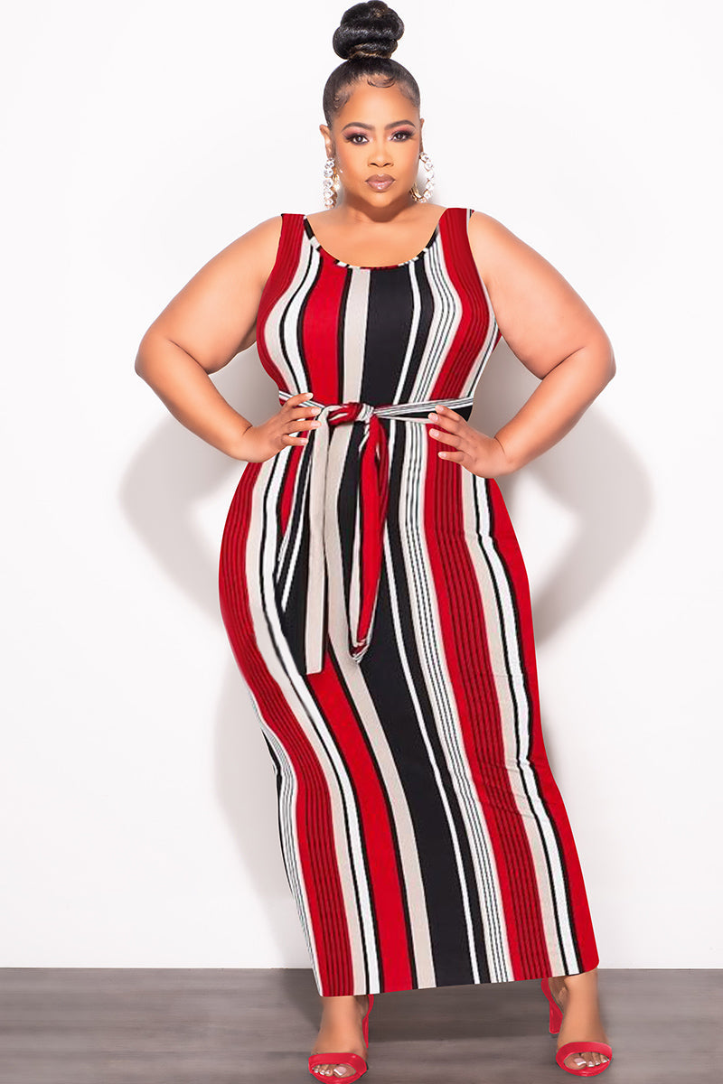 Final Sale Plus Size Sleeveless Maxi Dress with Waist Tie in Red Black and White Stripe Print