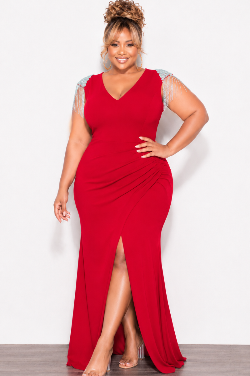 Final Sale Plus Size Deep V Rhinestone Fringe Shoulder With Maxi Dress in Red