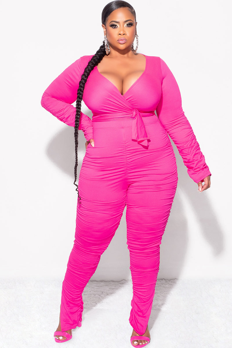 Final Sale Plus Size Ruched 2pc Faux Wrap Tie Top and Pants in Fuchsia Pink