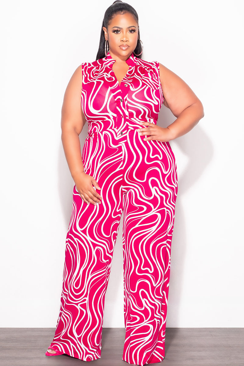 Final Sale Plus Size Collar Button Up Sleeveless Jumpsuit in Fuschia & White Design Print