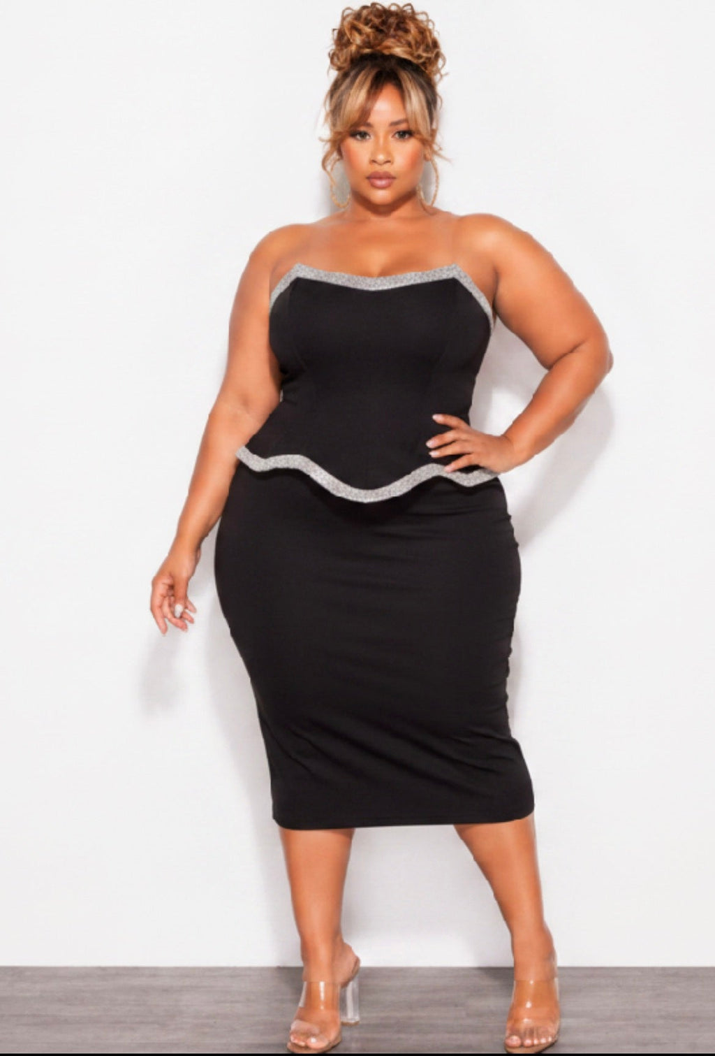 Final Sale Plus Size Lux Strapless Dress with Bling Trim in Black