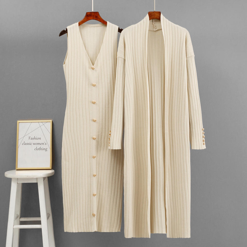 Ladies Suit Knitted Twinset V Neck Sleeveless Midi Dress Long Sleeve Cardigan Women's Clothing