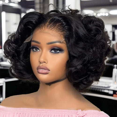 Chocolate Brown Bouncy Wavy Lace Front Short Bob Wig Loose Body #4 Color HD Frontal Human Hair Wigs for Women