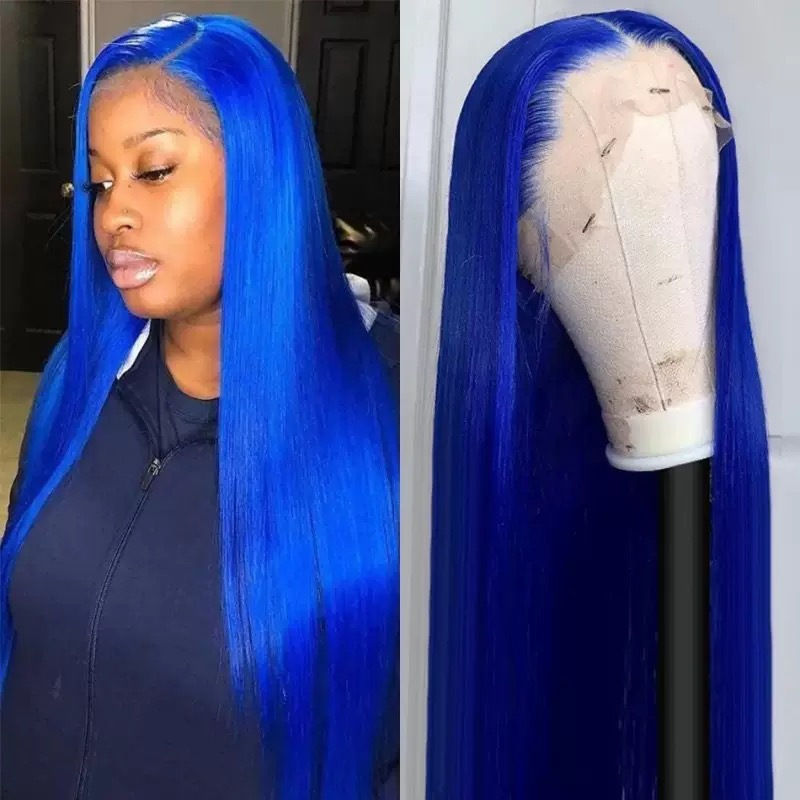 Wholesale Adjustable Blue 13x4 Lace Front Hairpiece Glue Black Straight Wig High Temperature Fiber Heat Resistant Natural