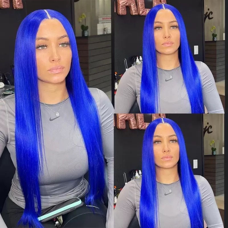 Wholesale Adjustable Blue 13x4 Lace Front Hairpiece Glue Black Straight Wig High Temperature Fiber Heat Resistant Natural